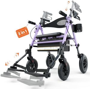 3 in 1 Folding Rollator Walker with Seat, Aluminum Transport Wheelchair Combo with Adjustable Footrest, Storage Bag & Cup Holder, Mobility Walker for Seniors, Purple
