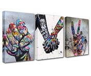 Norse Decor Abstract Graffiti Picture Lovers Holding Hands Painting Banksy Street Art Artwork for Man Cave 3 Panels Canvas Wall Art HD Prints Home Modern Decor Framed Giclee Ready to Hang(42''Wx20''H)