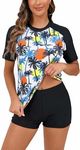 Halcurt Women's Built in Bra Rash Guard UPF 50 Two Piece Swimsuit Shirt and Board Shorts, Black Palm/ Padded Top, XX-Large