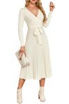 Newshows Women's 2024 White Sweater Dress Fall Winter Long Sleeve Wrap V Neck Casual Ribbed Knit Wedding Guest Midi Dress(Off White, M)