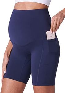 POSHDIVAH Women's Maternity Shorts Over The Belly Biker Yoga Active Pregnancy Workout Short Pants with Pockets 8", Navy Blue 8", Medium