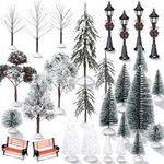 22 Pieces Mini Artificial Christmas Tree Set Frosted Christmas Pine Trees Snow Covered Village Trees, 4 Pieces Xmas Street Lamp Post and 2 Pieces Miniature Park Bench Seat for Decorations (Classic)