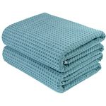 Polyte Microfiber Oversize Quick Dry Lint Free Bath Towel, 60 x 30 in, Set of 2 (Green, Waffle Weave)