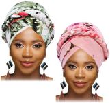 Woeoe African Turban Head Wrap Pink Pattern Head Scarf Soft Flower Print Head Cover Cap Headwear for Women and Girls(Pack of 2), Green