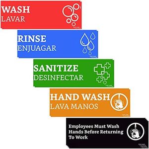 Wash Rinse Sanitize Sink Labels Signs with Wash Hands Sign (12 Labels - 2 FULL SETS 7.3 x 2.5 in) - Ideal for Restaurant Sinks, 3 Compartment Sink, Food Trucks, Commercial Kitchens & More