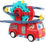 Small Ducks Climbing Fire Engine Slide Toy Set, Automatic Slide Down Duck Toy Race Track Toy Rotating Ferris Wheel Toy Duck Slide Toy Fire Truck Toy with Universal Wheel, Movable Eyes, Music & Lights