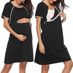 Sykooria Women's Maternity Nightdress Breastfeeding Nightwear Short Sleeve Nursing Nightgown Button Down Sleep Shirt V Neck Pajama Tops Soft Loungwear For Pregnant Women(Black,XXL)