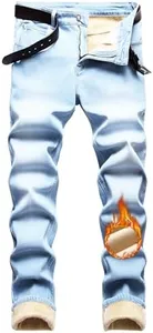 Qazel Vorrlon Men's Fleece Lined Jeans for Men Winter Warm Flannel Lined Jeans Mens Skinny Slim Fit Stretch Denim Pants Blue, Size 28