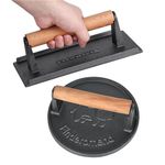 Finderomend Hamburger Press,Cast Iron Grill Press,Heavy Duty Smash Meat,Bacon,Steak & Burger Press with Wooden Handle for Blackstone Pitboss Weber Treager Griddle (Round Fish & Rectangular Calf)