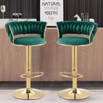 My Art Design - Set of 2 Bar/Kitchen Chairs 360 Degree Rotatable Swivel Elegant Classy & Comfortable Chair with Golden Base and Velvet Fabric (2 Chairs) (Green)