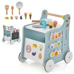 GYMAX 6-in-1 Wooden Baby Walker, Toddler Push Along Walker with Teaching Clock, Shape Matching and 4 Wheels Learning Educational Toy Pretend Play Kitchen for Babies Aged 1+ (Blue)