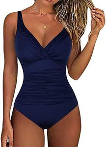 Hilor Women's One Piece Swimsuits Pin Tucked Surplice Swimwear Tummy Control Bathing Suits Monokinis Navy 10