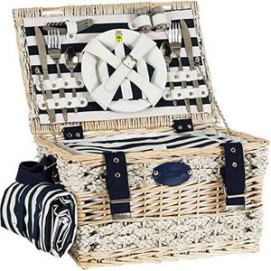 Les Jardins de la Comtesse - Panier Pique-Nique Marine - Complet pour 2 Personnes - Compartiment Glacière Isotherme/Nappe Imperméable - Assiettes en Céramique/Verres à Vin en Verre - 40 x 28 x 23 cm