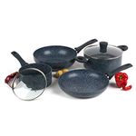 Russell Hobbs COMBO-5389 Pots and Pans Set – 4-Piece Cookware Pan Set for Induction Hobs, Non-Stick Frying Pan, Saucepan, Stockpot, Stay Cool Handles, Blue Marble Cooking Set, Nightfall Stone