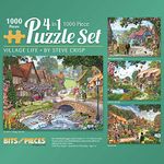 Bits and Pieces Village Life 4-in-1 Multi-Pack Jigsaw Puzzle Set for Adults by Steve Crisp – Summer Village Stream, Country Bus, Pond Cottage, Rural Life (Four 1000 Piece Puzzles)