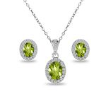 Sterling Silver Genuine or Synthetic Gemstone Oval Halo Necklace & Earrings Jewelry Set for Women Bridesmaids, Sterling Silver, Peridot