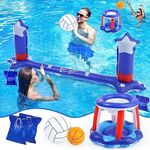 116" Large Inflatable Pool Volleyball Net & Basketball Hoop with 2 Beach Balls American Flag Pool Games for Family and Adults 4th of July Pool Floating Party Supplies Court(116"x46") & Hoop(31"x24")