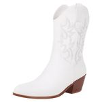 rismart Women Western Cowboy Boots Mid Calf Embroidered Cowgirl Shoes White,5