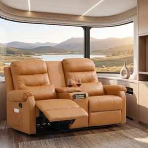 MANBUR Loveseat Recliner Sofa for Camper & RV Seating – Wall Hugger Reclining 2 Seat Sofa with Console, Cup Holders & Side Pocket, Faux Leather RV Couch (Orange, 65.7 in)