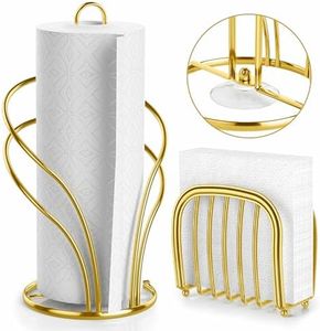 Paper Towel Holder Countertop, Stainless Steel Paper Towel Roll Holder and Paper Napkinholder Set, Standing Paper Towel Roll Holder Stand with Weighted Base Suction Cups (Gold)