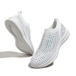 LUCKY STEP Women's Rhinestone Mesh Slip On Walking Shoes Fashion Sneaker(White,11 B(M) US)