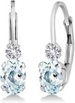 Gem Stone King 14K White Gold Sky Blue Aquamarine and White Created Sapphire Leverback Earrings For Women | 0.94 Cttw | Gemstone March Birthstone | Oval 6X4MM | Round 2MM | 3/4 Inch