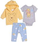 Disney Winnie the Pooh Newborn Baby Boy or Girl Hoodie Bodysuit and Pants 3 Piece Outfit Set 6-9 Months