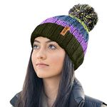 RockJock R80 Thermal Insulating Striped Beanie Bobble Hat with Cosy Fleece Lining-Purple/Green