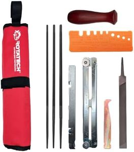 Rotatech Chainsaw Chain Sharpening Kit. Chainsaw Chain Sharpener with 5/32" (4mm), 3/16" (4.8mm) & 7/32" (5.5mm) Round Files, Handle, Flat File, Filing Guide & Pouch.