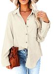 wkwmrpet Women's Lapel Button Down Corduroy Shirts Loose Blouses Boyfriend Shirt Tops Beige