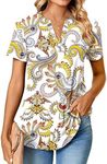 Anyhold Womens Summer Tops Notch V Neck Tunic Tops Short Sleeve Loose Work Blouse Tshirts, White Phoenix Plume, XX-Large