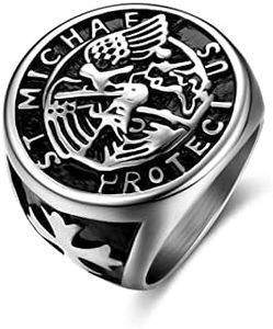 Dochais St. Michael Protect US 316L Stainless Steel Ring, Silver Black Gold Retro Men's Ring Jewellery for Men, Father, Husband, Boyfriend Ring Sizes 8-13, 10, Non-precious metal