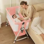 KOLOIO 3 in 1 Baby Bassinet, Stable Bedside Crib with 6 Adjustable Heights, Breathable Mesh Infant Bassinet with Mosquito Net, Lockable Wheels and Large Storage Basket
