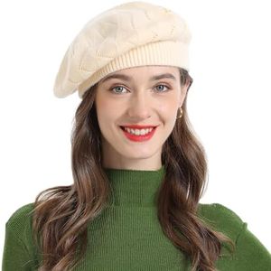 ZLYC French Beret hat, Reversible Solid Color Cashmere Knit Warm Beret Cap for Womens Girls (Solid Cream White)