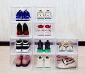 JECCICHY 10 Pack Clear Shoe Storage Boxes Stackable, Plastic Shoe Boxes with Lids, Sneaker Storage, Transparent, Thick Hard, Drop Front Door, Within US Size 13, Size: 13.54”x10.63”x7.48”