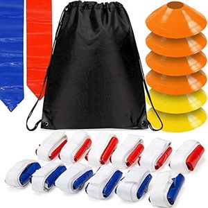 WYZworks 12 Player 3 Flag Football Kit Set - 12 Belts with 36 Flags [ 18 RED & 18 BLUE Flags ] BONUS 6 Cones + Travel Bag, Red & Blue Set, Regular