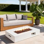 ECOTOUGE 42" Propane Fire Pit Table, 50,000 BTU Outdoor Gas Fire Pit with Iron Frame, Rectangle Steel Fire Table, Low Concrete Fire Table with Rain Cover, Lava Rocks, Auto-Ignition, White