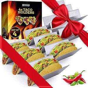 Taco Holders Stainless Steel Set of 4 - Reversible Tortilla Holder Tray Can Hold 2 or 3 Shells - Taco Tuesday Makes Prep a Breeze, No Mess - Dishwasher Safe