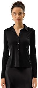 LilySilk 100% Silk Jersey Shirt for Women Basic Slim Silk Knit Stretchable Long Sleeve Button Front Black Medium