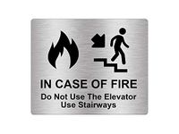 Exit Sign For In Case of Fire Do Not Use Elevator Use Stairways Sign. Adhesive Sticker Acrylic Sign, Metallic Silver, Engraved Black with Universal Icon Symbol and Text (Size 5" by 4")