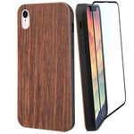 iProductsUS Real Wood Phone Case Compatible with iPhone XR and Screen Protector, Blank Dark Cherry Wood Cases, Built-in Metal Plate, Support Wireless Charging, TPU Shockproof Cover (6.1 inch)