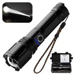 UN1QUE 20000 Lumens High Power Torch Light, Torch Rechargeable with 4 Light Modes, Adjustable Focus Flashlight, IP45 Water-Resistant, Black