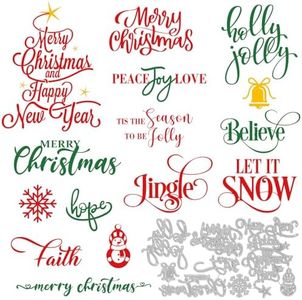 Whaline 16Pcs Christmas Metal Die Cuts Snowflake Snowman Tree Bell Steel Cutting Die Greeting Words Embossing Stencils Templates for DIY Crafts Card Making Scrapbook Photo Album Stamp Decor