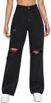 SweatyRocks Women's High Waist Slant Pocket Denim Jeans Ripped Straight Leg Pants Plain Black L