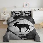 Lodge Cabin Comforter Set Queen Size 3 Pcs Cartoon Moose Wild Animal Silhouette Comforter for Kids Teens Adults Gray Plaid Jungle Trees Rustic Style Bedding Set with 2 Pillowcases+1 Comforter