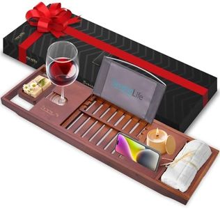 SereneLife Bamboo Bathtub Caddy with Luxury Gift Box and Red Gifting Ribbon Extendable & Adjustable Tray with Device/Book Holder with Removable Trays for Bath Accessories (Stain Brown)