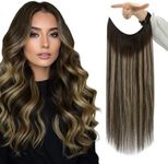 Fshine Invisible Wire Hair Extensions Real Human Hair 18 Inch Secret Wire Hair Extensions Black Roots to Black Mix Honey Blonde Adjustable Fishing Line Hair Extensions Clip Ins 80G