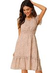 Allegra K Women's Floral Flutter Sleeves V Neck Smocked Ruffle Dress Pink L-16