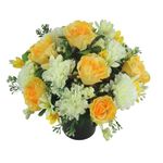 Artificial Grave Flower Arrangement with Yellow Rosebuds and Ivory Carnations 25cm Long Lasting Outdoor Arrangement