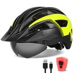 FUNWICT Adult Bike Helmet with Visor and Goggles for Men Women Mountain Road Bicycle Helmet Rechargeable Rear Light Cycling Helmet (L: 57-61 cm (22.4-24 inches), BlackYellow)